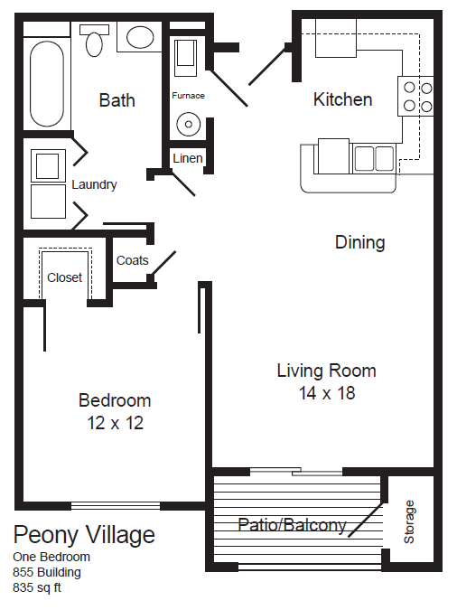 Floor plan for 1 bed, 1 bath, 835 sqft